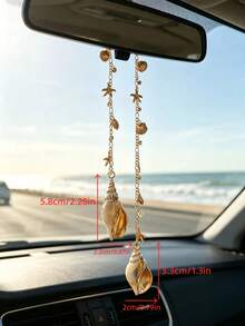 1pc Ocean Style Seashell & Starfish Car Rearview Mirror Hanging Ornament, Vintage Gold Chain Conch Shell Car Interior Decoration - Conch - View 8