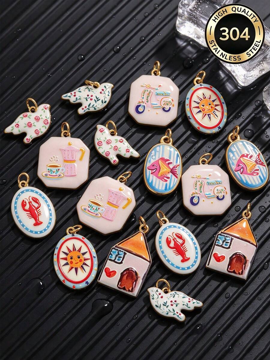 1pc Stainless Steel Charms With Jump Rings Cute Cartoon Sun Fish House Bird Coffee Pot Pendants For Necklace Bracelet DIY Jewelry Making Accessories - Pendants - View 1