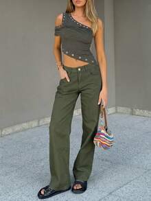 Women's Casual Versatile Solid Color Straight Leg Jeans - Army Green - View 2