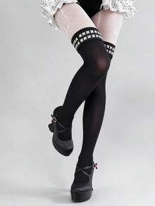 STAR RIVER Dark Punk Style Cross & Rivet Black Over-The-Knee Socks, Gothic Subculture Hot Girl Long Tube Socks, Halloween - Multicolor - View 9