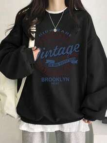 Women's Student Black Contrast Letter Print Long Sleeve Sweatshirt, Loose Casual Comfortable Home Daily Commute Back To School Outfit, Crew Neck Long Sleeve Sweatshirt, Autumn/Winter - Black - View 2
