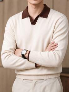 Men's Autumn/Winter Minimalist Solid Color Contrast Fashion Casual Turn Collar Long Sleeve Sweater, Suitable For Daily Commute, Fashionable Item - Apricot - View 1