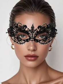 Adult Masquerade Mask, Rhinestone Satin Ribbon Style, Mysterious Fun Lace Mask, Couple Style, Men's And Women's Lace Headpiece And Costume, Christmas Mask, Halloween Mask - Black - View 10