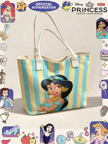 Miniso Tas Tote Kanvas Disney Jasmine dengan Motif Garis Vertikal Kuning Cyan, Tas Bahu dengan Pegangan Putih untuk Penggunaan Sehari-hari - Putih - View 4