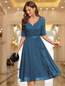 MIUSOL Sweetheart Neckline Floral Lace Ruffle Semi-Formal Party Dress, Homecoming Dance Dress, Suitable For Birthday, Wedding Guest, Dinner - Dusty Blue - View 6