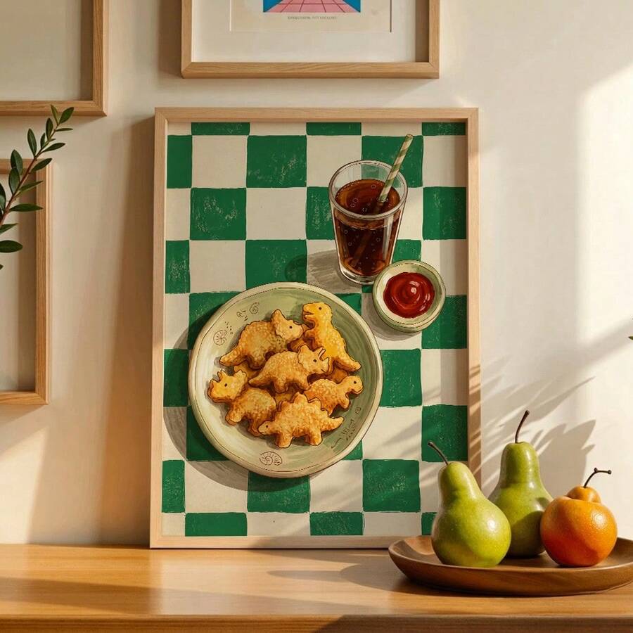 1pc Vintage Cookie And Tea Canvas Wall Art, Green Checkered Food Still ...
