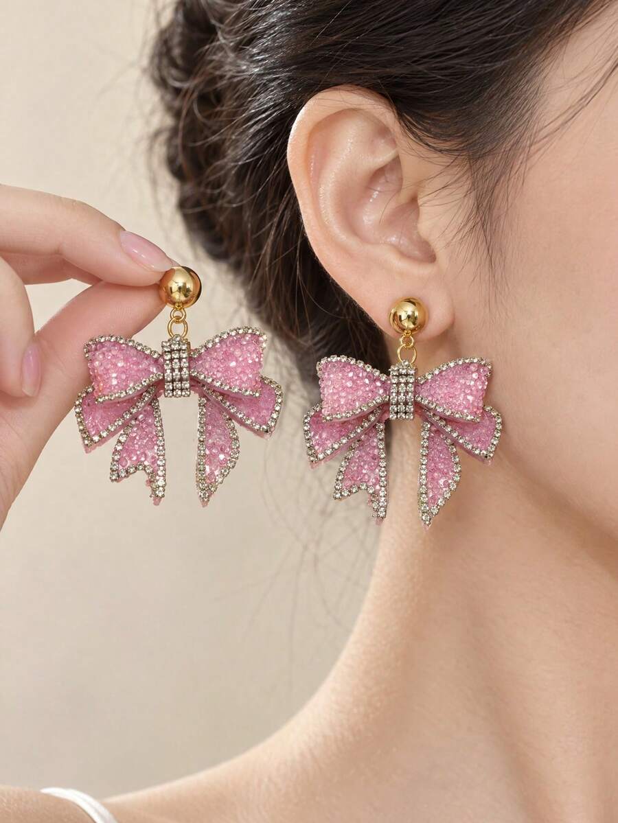Bông tai dáng dài đính nơ đá rhinestone màu hồng, bông tai mặt nơ đính hạt phong cách sang trọng, phụ kiện phong cách ngọt ngào nữ tính - Hồng - Xem 1