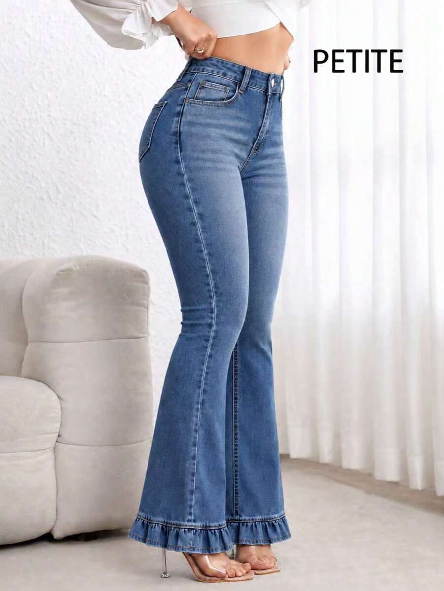 Vintage Washed Blue Flared Hem Women's Jeans, Versatile Slim-Fit Skinny Pants - Medium Wash - View 1