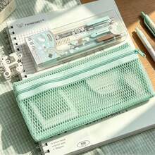 1pc Mint Green Mesh Transparent Pencil Case, Portable Large Capacity Stationery Organizer With Multi-Layer Dividers, Makeup Bag, Back To School Essential For Middle And High School Students, Exam Preparation, Desk Organization, Desktop Storage, Travel-Friendly - A - View 4