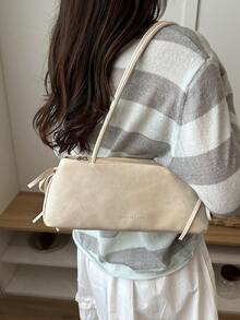 Women Minimalist Faux Leather Shoulder Bag, White Rectangle Baguette Bag With Side Bow Decor, Zip Closure Casual Underarm Purse For Daily - White - View 2