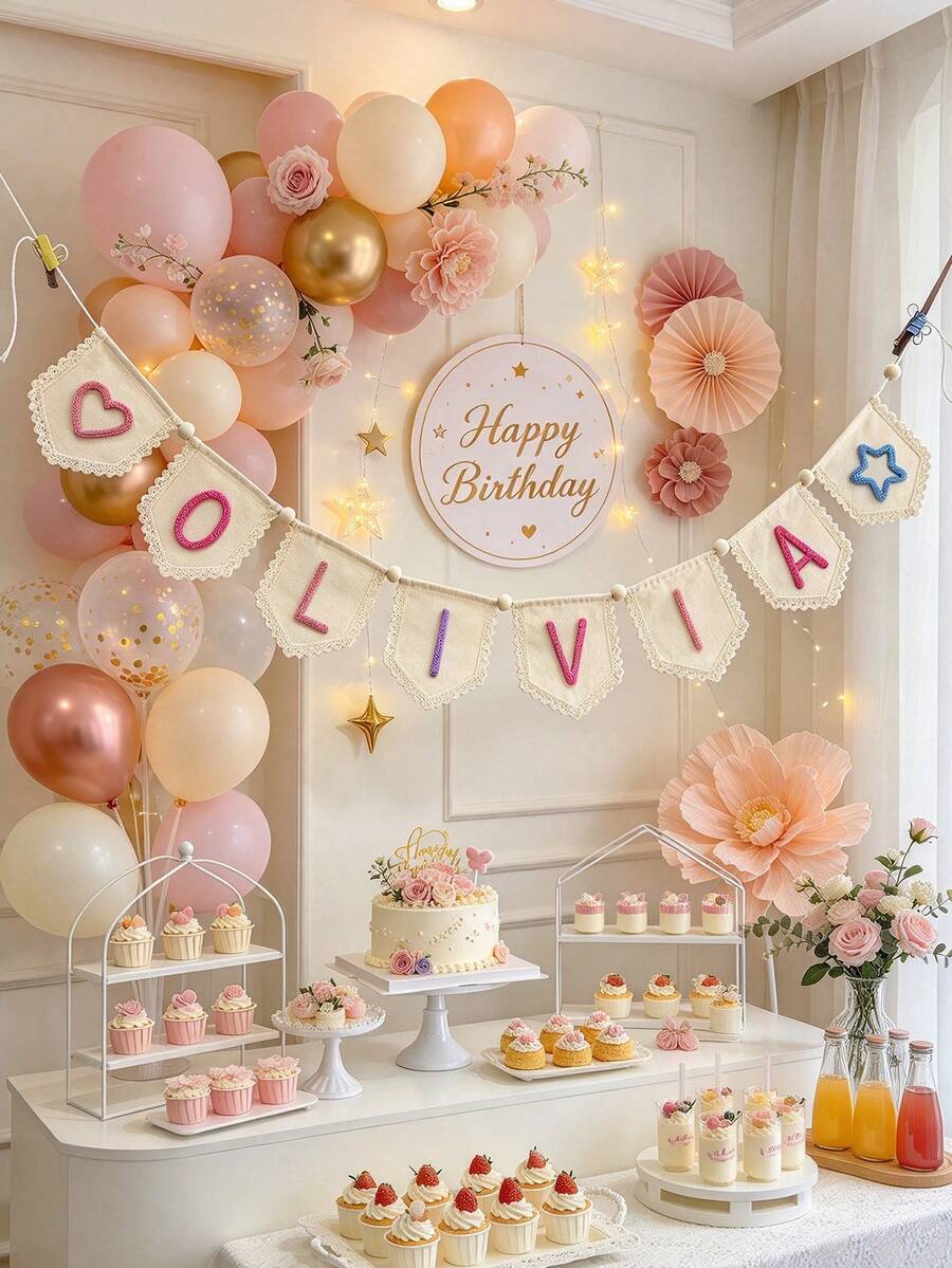 1pc Customized Lace Name Banner, Handmade Yarn Letter Garland, Personalized Baby Girl Decor, Neutral Nursery Wall Hanging, Personalized Felt Name Flag, Birthday Party Decoration, Christmas Gift - Multicolor - View 1