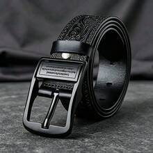 Carved Vintage Personalized Business Belt, Fashionable Denim Belt, Thick Metal Buckle, Smooth Comfortable Scratch-Resistant Wear-Resistant Buckle, Premium Exquisite Embossed Tang Grass Pattern Leather Body, Personalized Bold Style, Suitable For Daily Wear And Formal Occasions, Matches Suits, Jeans And Other Pants, Perfect Birthday Gift For Father, Friend, Husband - Flip Black - View 2