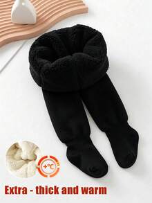 1pc Thickened Fleece Lined Warm Tights For Baby Girls, Solid Color Cotton Leggings, Winter Outdoor - Black - View 1