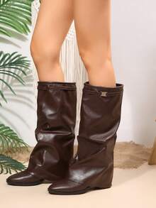 Women's Plus Size Brown Boots, Autumn Boots, Chunky High Heel Boots, Metal Buckle Knee-High Boots, Loose High Shaft Boots, Ruched Western Boots, Suitable For Holidays - Brown - View 5