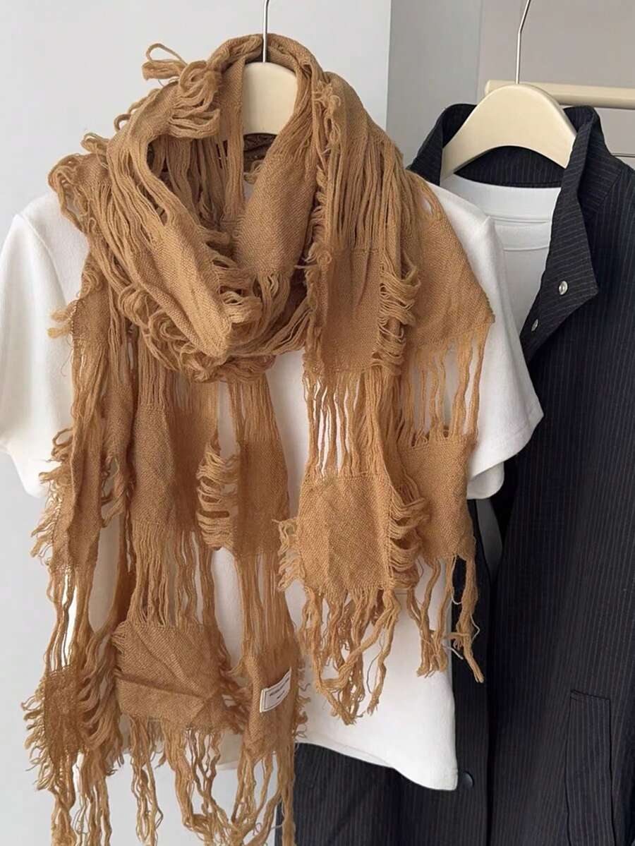 1 chiếc khăn quàng cổ nữ bằng cotton và lanh có tua, phong cách Y2K Bohemian retro, giữ ấm mùa đông, phù hợp cho các dịp lễ hội và du lịch - Nhiều màu - Xem 1