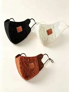 3pcs/1pc Fashionable Blurred Face Mask With Adjustable Ear Loops, Vintage Leather Badge Decoration, Warm And Soft Texture, Suitable For Daily Wear, Unisex Fashion Mask, Outdoor Street Style Decorative Accessory - Teddy Fleece - View 2