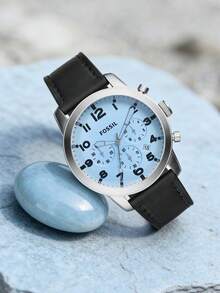 Fossil FS5162 Men Chronograph Watch,Silver‑Tone Steel Case,Black Strap,Light Blue Dial,Arabic Numeral Markers,Date Window,5ATM Water Resistant - Blue - View 2
