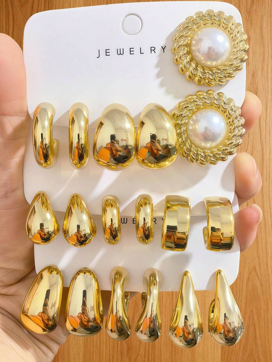 6-18pcs Exquisite Fashion Women's Smooth Water Drop, C-Shaped, Round Pearl Multi-Element Earrings, - Gold - View 1