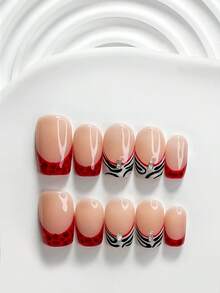 秋冬款 10片裝辣妹風手工穿戴甲 Polygel 凝膠美甲套組，水鑽、斑馬紋、紅白色指甲油，復古風，3種尺寸可選，方形、短方形、杏仁形，適合派對、跳舞、日常配戴（手工細節可能有所不同） - 彩色 - 查看 14