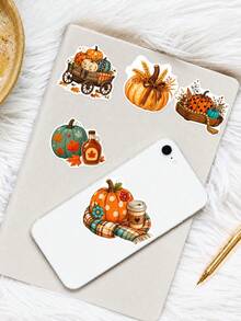 50Pcs PP Decorative Pumpkin Collector Stickers, Retro Country Harvest Watercolor Style, Including Patterned Pumpkins, Coffee Cups, Pinecones, Bows, Warm Light Elements, For Journal Collage, Tablet, Notebook, Storage Box, DIY Craft Decoration - Multicolor - View 6