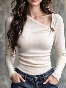 Women's Solid Color Elegant Blouse Shirt, Asymmetric Collar With Metal ...