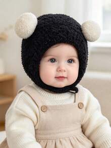 1pc Baby Solid Color Double Pom-Pom Christmas Beanie, Warm Ear Ion Winter Hat, Christmas Gift For Baby - Solid Color - View 2