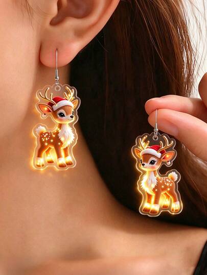 1 Pair Cute Christmas Reindeer Pendant Earrings, Women's Style, 2D Flat Acrylic Material, Suitable For Daily Wear, Can Be Given As Christmas Gift