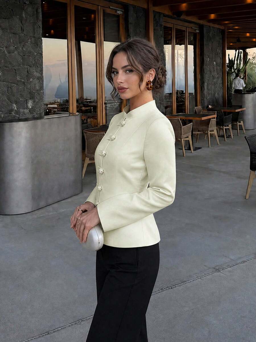 Women's Autumn/Winter Elegant Party New Chinese Style Vintage Stand Collar Frog Button Jacket - Apricot - View 1
