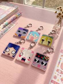 1Pc/6Pcs Anime & Game Character Funny Expression Theme Square Acrylic Keychains, Including Surprised Blue Hair Anime Character, Bleeding Tear Yellow Hair Character, Surprised Expression Character, Pink & White Mecha Animal And Character With Fashion Glasses & Hat Design, Fashion Bag Pendant, Suitable For Game & Anime Fans Gift, Collectible, All Seasons - Multicolor - View 2