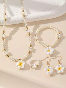 5pcs/Set Girls Plumeria Pearl Jewelry Set, Gentle Vacation Style Necklace, Earrings, Bracelet, Ring Set Combination - Multicolor - View 6
