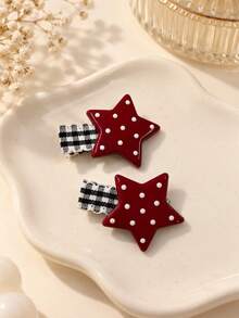 2pcs/Set Vintage Red Polka Dot Star Hair Clips, Black & White Plaid Fabric Edge Side Bangs Clips - Multicolor - View 4