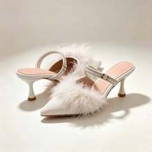 2026 Spring Korean Style New Elegant Fuzzy Slippers Fairy Style Fashion Outdoor Closed-Toe High Heel One-Strap Sandals With Fine Faux Fur Lining Embroidery For Home - Apricot - View 7