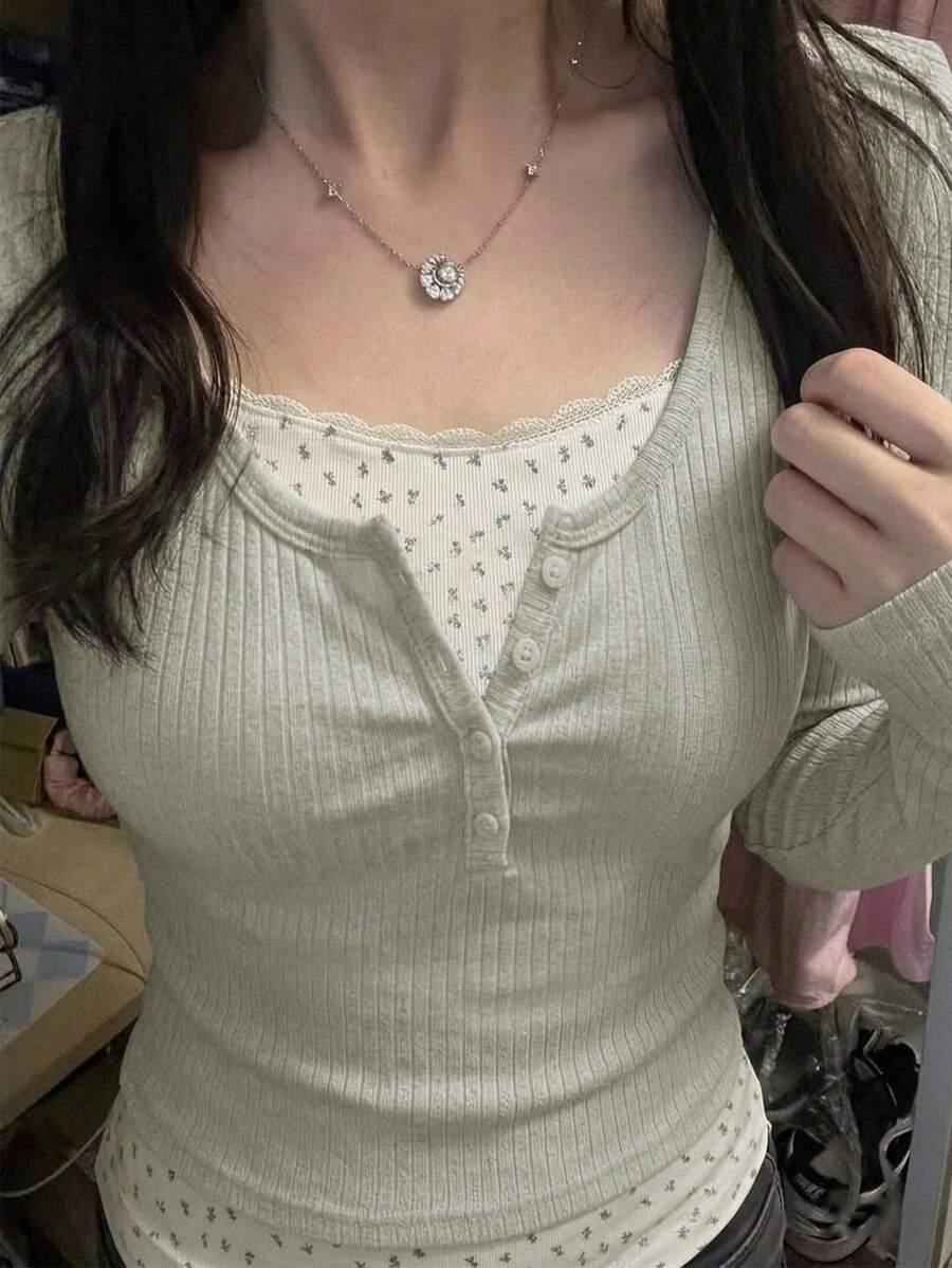 2-In-1 T-Shirt Women, Ditsy Floral Knit Casual Commuter Top Spring - Grey - View 1