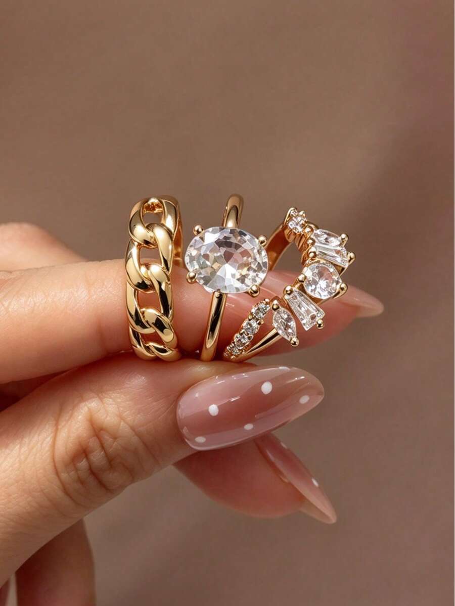 Women Gold Plated Oval Clear Zirconia 3Pcs Stackable Ring Set, Chain Link & Multi Cut Stone Stacking Rings - Gold - View 1