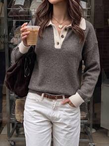 女款學院風翻領長袖寬鬆針織套頭毛衣 - 灰色 - 查看 2