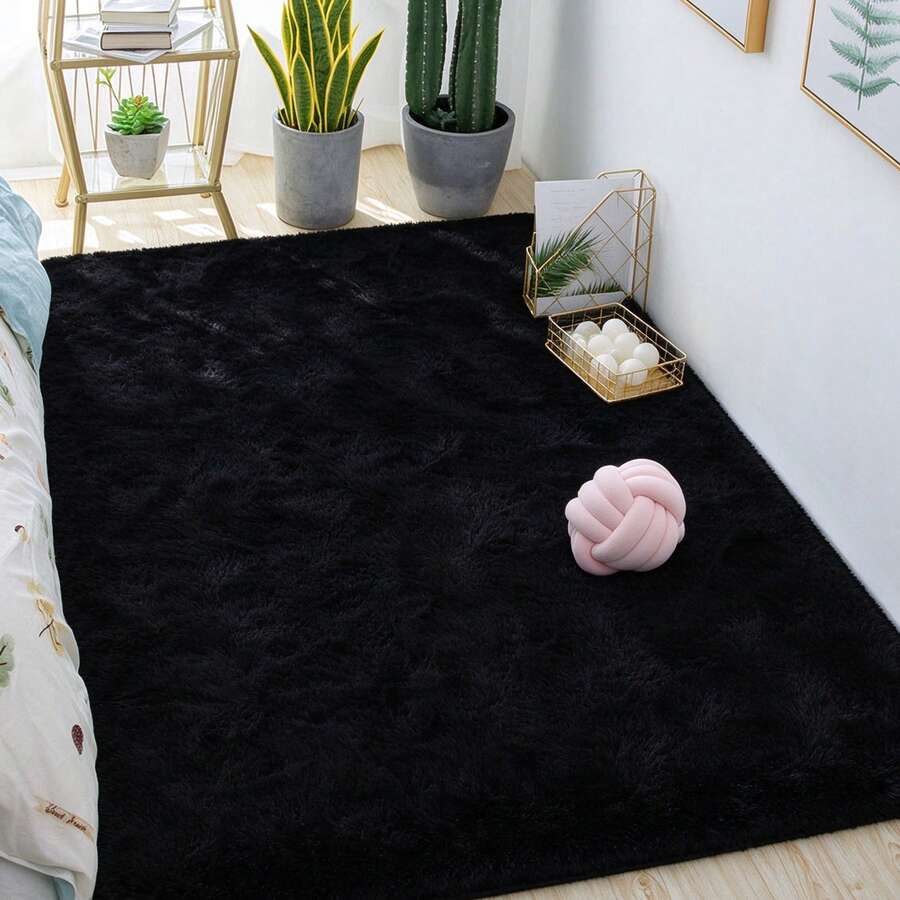 1PC,Black Long-Pile Living Room Rug And Soft Pink Decorative Mat-Perfect For Natural Wood Or Vintage-Style Interiors, Easily Complementing Living Rooms, Bedrooms, Bay Window Nooks, And Relaxation Corners.