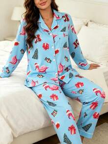 2pcs Women's Casual Long Sleeve Pajama Set, Lapel Long Sleeve Cardigan And Comfortable Long Pants, Christmas Tree Flamingo Pattern Print, Suitable For All Seasons, Christmas Holiday Party Pajama Set - Sky Blue - View 1
