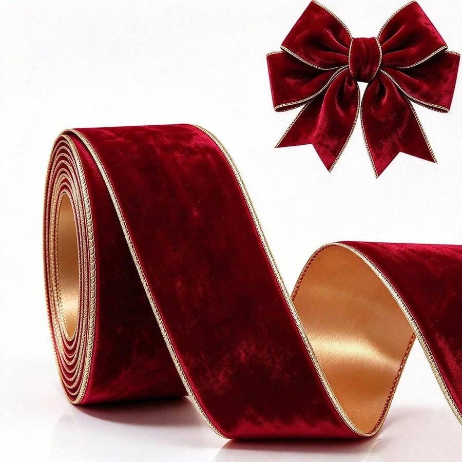 1 Roll Bordeaux Ribbon With Gold Metallic Edge - Luxurious And Soft, Suitable For Christmas Tree Decoration, Gift Wrapping, Bows, Wreaths | Gold Trim Decorative Ribbon, Suitable For DIY Crafts, New Year And Holiday Decor (Bordeaux Red, Metallic Edge Applicable) - Multicolor - View 1