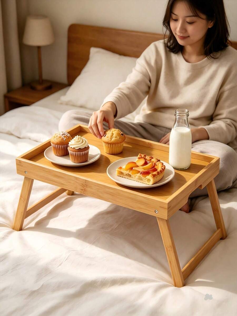 طاولة سرير من الخيزران قابلة للطي مع أرجل دعم، حجمان 40*30 سم / 50*30 سم، حافة مرفوعة لمنع السقوط، أرجل قابلة للطي، طاولة سرير محمولة للقراءة والعمل والأكل - مواصفات متعددة - مشاهدة 1