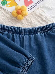 Autumn/Winter French Sweet Lace Denim Set & Baby Girl Doll-Style Denim Cardigan & Lace Patchwork Cuffed Lantern Denim Pants & Versatile Casual 2 Pieces Set - Blue - View 4