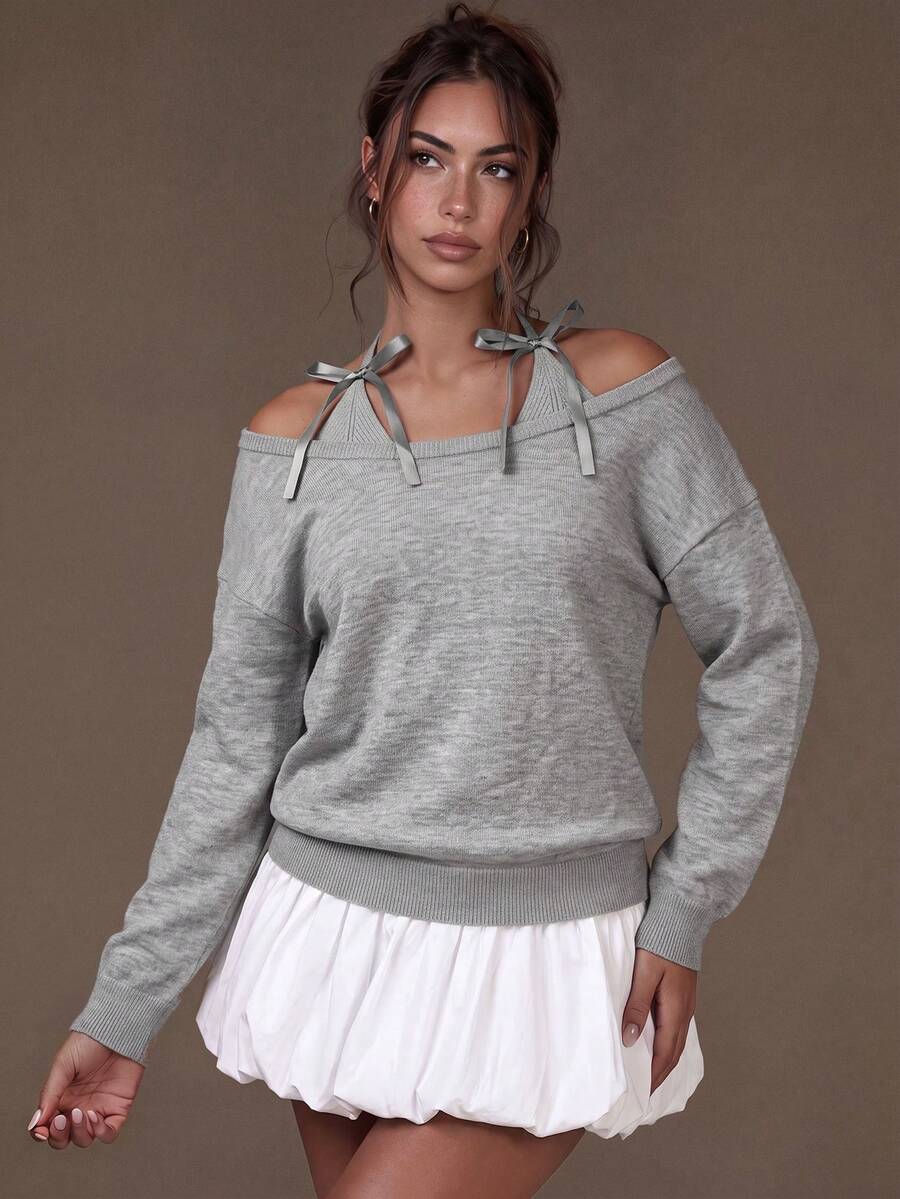 Amaris Popular Cold Shoulder Bow Knit Sweater, Heather Grey Drop Shoulder Long Sleeve Loose Fit Soft Girl Casual Knit Pullover For Women - Grey - View 1