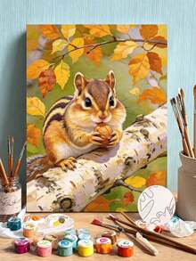 DIY Paint By Numbers Kit, Cute Chipmunk Eating Nut On Birch Tree Autumn Animal Oil Painting, Hand Painted Painting Kit, Home Wall Decor Gift - A - View 1