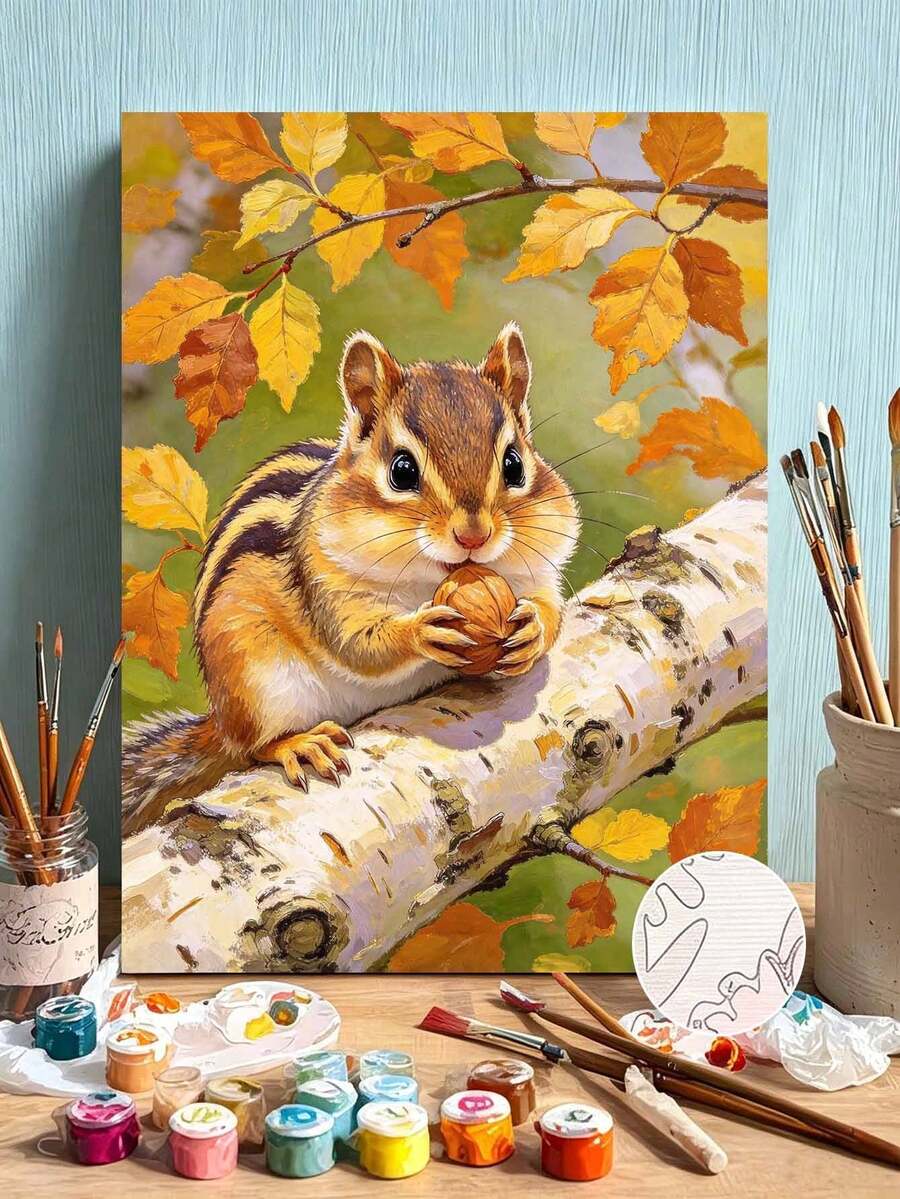 DIY Paint By Numbers Kit, Cute Chipmunk Eating Nut On Birch Tree Autumn Animal Oil Painting, Hand Painted Painting Kit, Home Wall Decor Gift - A - View 1
