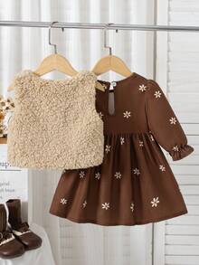 Autumn/Winter Baby Girl Cute Fuzzy Vest & Daisy Floral Waist-Cinching Dress Versatile Party/Outing Outfit Set - Multicolor - View 3
