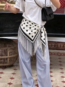 قطعة واحدة من وشاح مربع نسائي بوهيمي مطبوع بنقاط البولكا من الساتان مع شراريب، إكسسوار متعدد الاستخدامات، مناسب للمناسبات اليومية والعطلات - منقط مع شراشيب باللون الأبيض - مشاهدة 2
