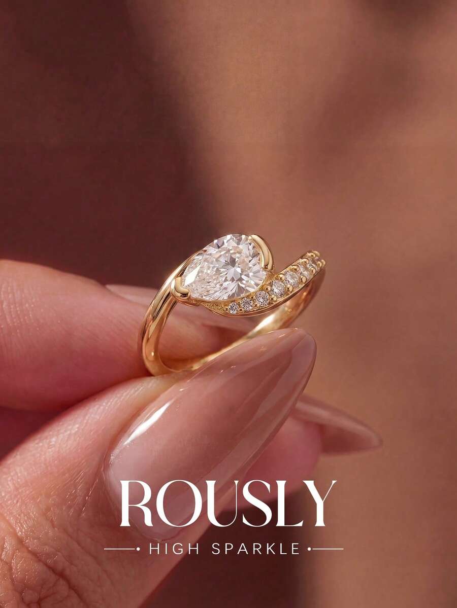 A Unique And Elegant Teardrop-Shaped Women's Ring With A Twisted Arm, Half-Set, Perfect For Parties And Proms. A Meticulously Crafted Jewelry Gift, The Perfect Choice For Your Girlfriend Or An Anniversary.