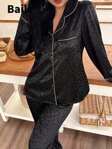 Ropa de otoño e invierno acogedora para mujer, conjunto de pijama de manga larga y pantalones con estampado de leopardo jacquard negro - Negro - Ver 3