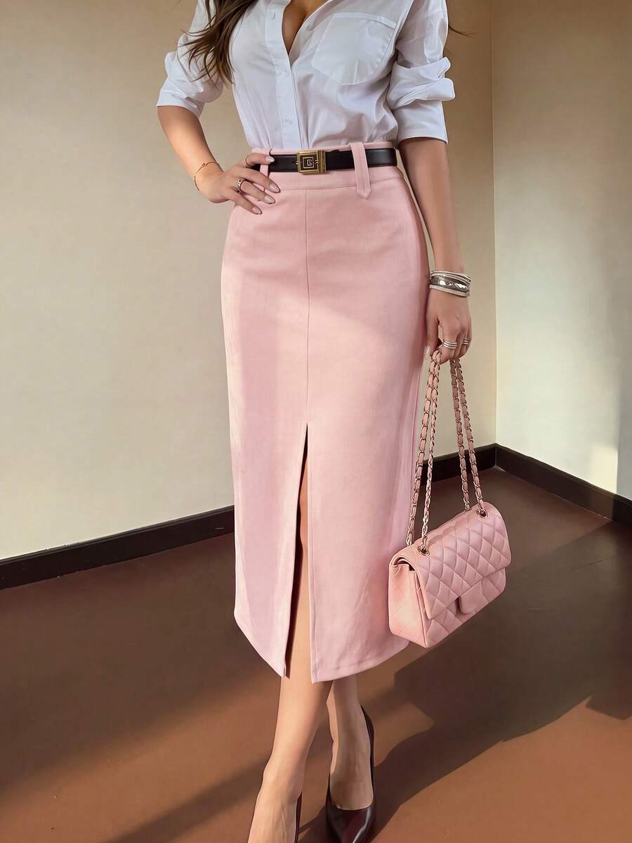 DONICY Women's Autumn High Waist Pencil Skirt, Front Slit Mid-Length Bodycon Skirt - Pink - View 1
