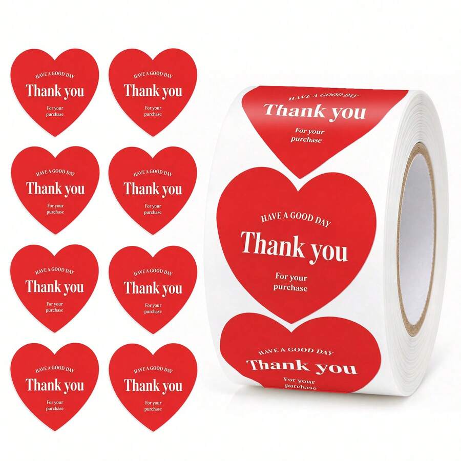 500pcs/Roll 1 Inch Heart-Shaped Thank You Seal Stickers, Red Thank You Stickers For Baking Gift Packaging, Self-Adhesive Labels For Small Business, Simple Elegant Sealing Stickers For Envelope Sealing, Party Gifts, Decorative Stickers - one-size - View 1