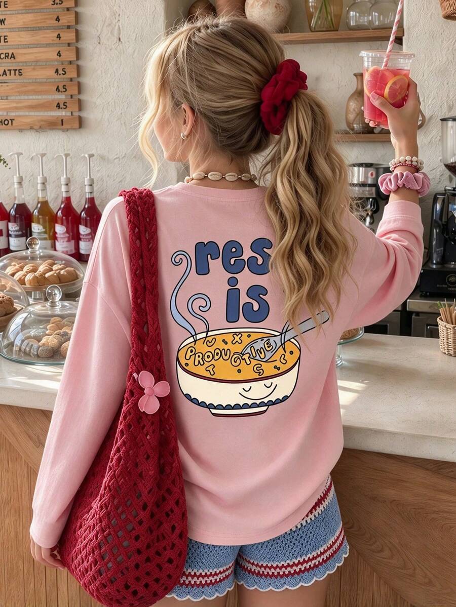 Teenage Girls Long Sleeve T-Shirt, Rest Is Productive Cute Bowl Cartoon Double-Sided Back Print, Casual Daily Top For Autumn/Winter - Pink - View 1